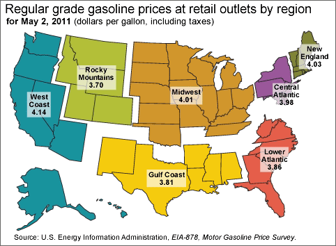 Map of the United States with regional prices of regular grade gasoline for May 2, 2011. For more detailed information, see supporting information below.