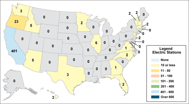 Graphic map of the United States showing the number of electric charging stations per state in September 2009. For more detailed information, see supporting information below.