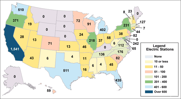Graphic map of the United States showing the number of electric charging stations per state in January 2012. See supporting information below.