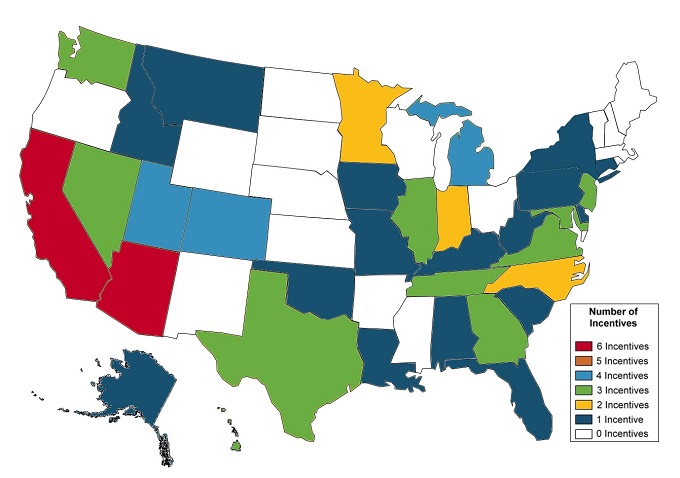 Map of the United States showing number of incentives for plug-in vehicles in each state. Supporting Information table below explains what is shown in color in the map.