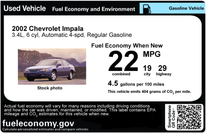 Example of a used vehicle label (2002 Chevrolet Impala) from the Fuel Economy website.