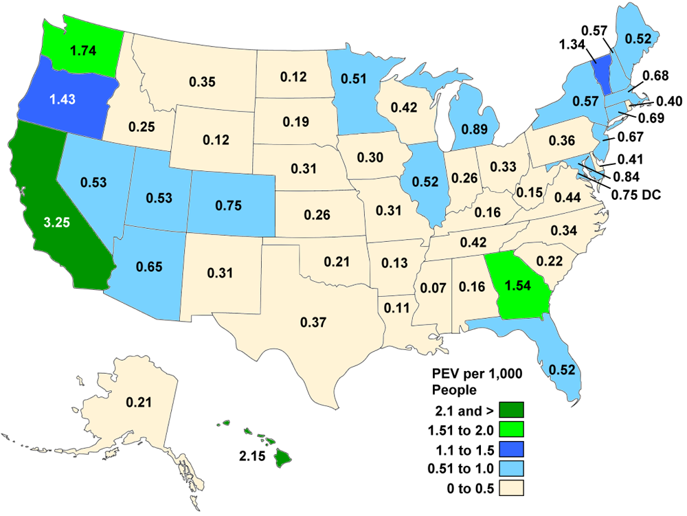 Map of the U.S. showing plug-in electric vehicle registrations per thousand people by state for the year 2014.
