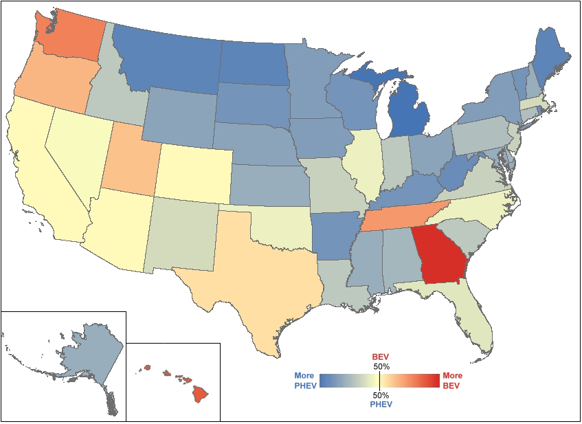 Map of the U.S. showing the share of battery electric vehicles and plug-in electric vehicles per state in 2014.
