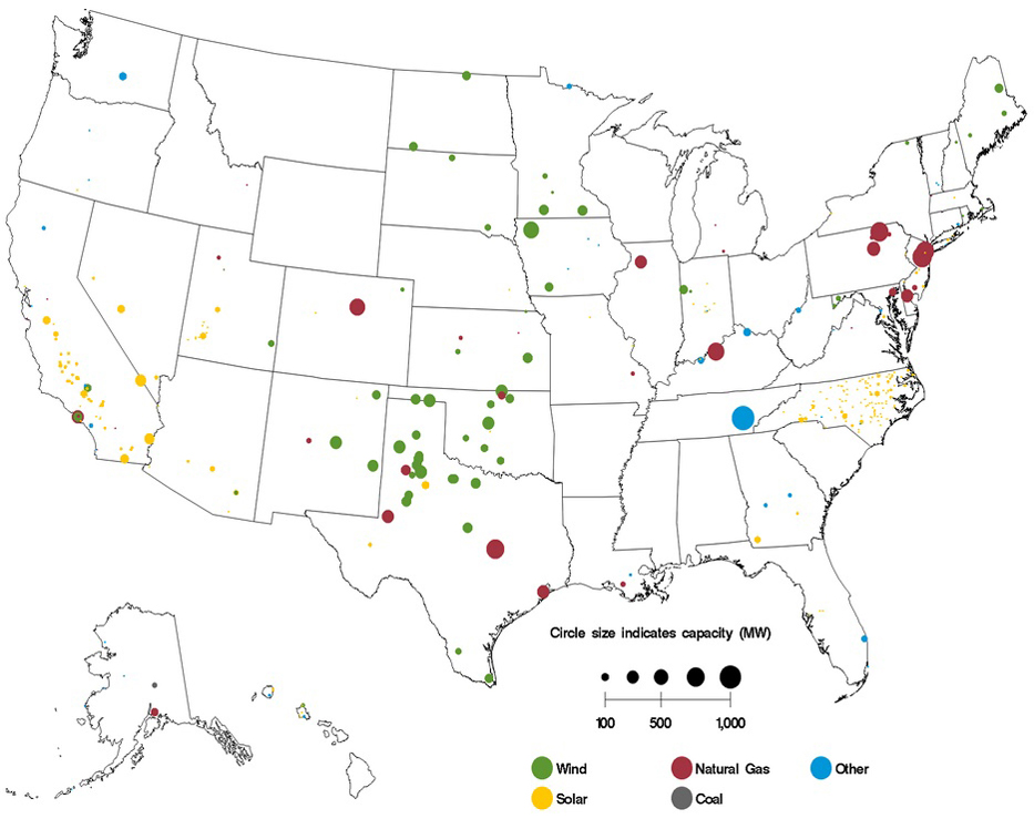 Map of the U.S. showing electricity generating units planned to come online from April 2015 to March 2016