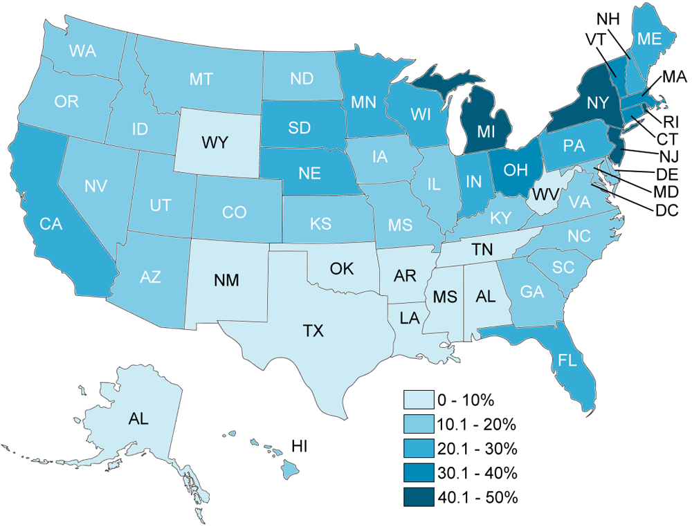 Map of the U.S. showing leasing penetration in 2014 by state.