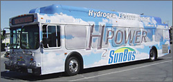 Photo of hybrid hydrogen internal combustion engine bus at SunLine Transit Agency.