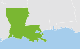 The Louisiana <em>Save Energy Now</em> Program leveraged the state award from AMO and its established Industrial Assessment Center infrastructure to increase the number of assessments provided to local manufacturers, as well as offer follow-up assistance with project implementation and energy management. Map highlighting Louisiana