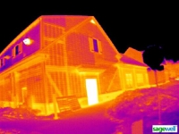A thermal image of a house. Photo by Sagewell Inc. A thermal image of a house.