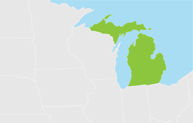 Michigan <em>Save Energy Now</em> utilized funding from the AMO state award to create the Michigan Industrial Energy Center, which expands energy efficiency opportunities by providing energy efficiency education and certification, energy assessments, and technology deployment. Map highlighting Michigan