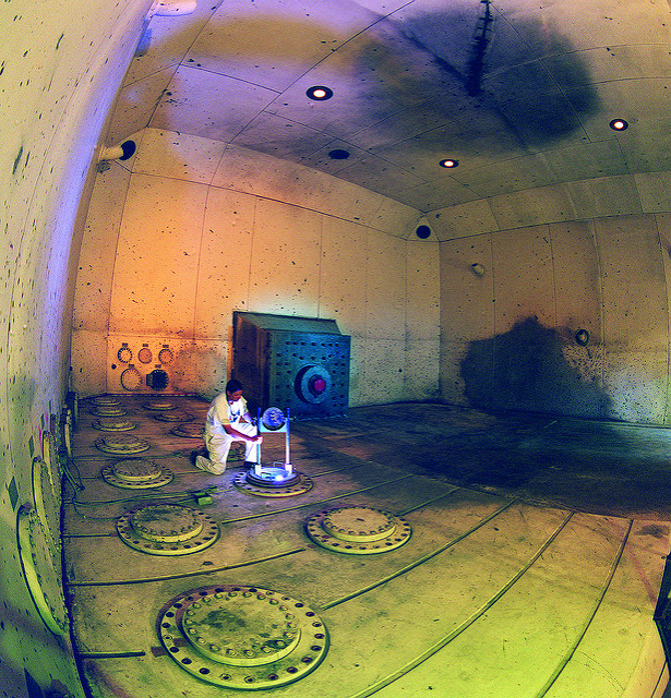 A worker prepares for a test firing inside the Contained Firing Facility at Lawrence Livermore National Laboratory.