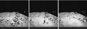 Successive frames showing a stream of water drops picking up and removing dust and dirt particles from a highly superhydrophobic surface. <em>Image from ORNL</em> Series of black and white photos from a microscope showing water droplets falling on a flat, dust-covered surface.