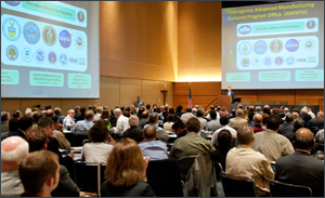 Energy Department's Assistant Secretary David Danielson announcing the selection of the National Institute for Additive Manufacturing in Youngstown, Ohio. Photo credit: Advanced Manufacturing National Program Office (AMNPO) Image of Energy Department's Assistant Secretary David Danielson standing at podium speaking in front of workshop participants.
