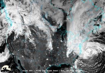On Monday, October 29, 2012, Hurricane Sandy made landfall 5 miles south of Atlantic City, New Jersey, with maximum sustained winds near 80 mph. This satellite image was taken 16 to 18 hours before Sandy's landfall on the New Jersey coast, using the Visible Infrared Imaging Radiometer Suite on NASA's Suomi National Polar-orbiting Partnership satellite.
The Department of Energy, in partnership with the Federal Emergency Management Administration (FEMA) and other federal agencies, is working around the clock to support the states and utilities that have been impacted by Sandy. Learn more about <a href="http://energy.gov/articles/energy-department-and-federal-efforts-support-utility-power-restoration-efforts">federal efforts to support utility power restoration</a>. | Photo courtesy of CIMSS/University Wisconsin-Madison/NASA/NOAA. On Monday, October 29, 2012, Hurricane Sandy made landfall 5 miles south of Atlantic City, New Jersey, with maximum sustained winds near 80 mph. This satellite image was taken 16 to 18 hours before Sandy's landfall on the New Jersey coast, using the Visible Infrared Imaging Radiometer Suite on NASA's Suomi National Polar-orbiting Partnership satellite.
The Department of Energy, in partnership with the Federal Emergency Management Administration (FEMA) and other federal agencies, is working around the clock to support the states and utilities that have been impacted by Sandy. Learn more about <a href="http://energy.gov/articles/energy-department-and-federal-efforts-support-utility-power-restoration-efforts">federal efforts to support utility power restoration</a>. | Photo courtesy of CIMSS/University Wisconsin-Madison/NASA/NOAA.