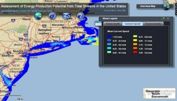 A map generated by Georgia Tech's tidal energy resource database shows mean current speed of tidal streams. The East Coast, as shown above, has strong tides that could be tapped to produce energy. | Photo courtesy of Georgia Institute of Technology A map generated by Georgia Tech's tidal energy resource database shows mean current speed of tidal streams. The East Coast, as shown above, has strong tides that could be tapped to produce energy. | Photo courtesy of Georgia Institute of Technology