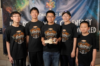 The team of James Wei, Andrew Jin, Andy Xu, Allen Guo, and Will Chang from Daniel Wright Middle School, in Lincolnshire, Illinois, built the fastest Lithium-Ion Battery Powered Model Car at this year's competition. At sub-6-second runs, their vehicle easily advanced to victory, being a full second faster than its closest rival. | Photo by Jack Dempsey, National Science Bowl. The team of James Wei, Andrew Jin, Andy Xu, Allen Guo, and Will Chang from Daniel Wright Middle School, in Lincolnshire, Illinois, built the fastest Lithium-Ion Battery Powered Model Car at this year's competition. At sub-6-second runs, their vehicle easily advanced to victory, being a full second faster than its closest rival. | Photo by Jack Dempsey, National Science Bowl.