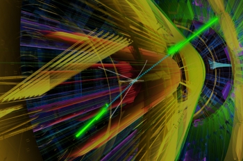 A simulation of the two-photon channel shows what ATLAS sees when the decay of a Higgs boson results in the production of two gamma rays. The blue beads indicate intermediate massive particles, and the bright green rods are the gamma-ray tracks. While the two-photon channel is the least likely Higgs decay, it is easier to observe than others with even noisier backgrounds. | Photo courtesy of Lawrence Livermore National Lab A simulation of the two-photon channel shows what ATLAS sees when the decay of a Higgs boson results in the production of two gamma rays. The blue beads indicate intermediate massive particles, and the bright green rods are the gamma-ray tracks. While the two-photon channel is the least likely Higgs decay, it is easier to observe than others with even noisier backgrounds. | Photo courtesy of Lawrence Livermore National Lab