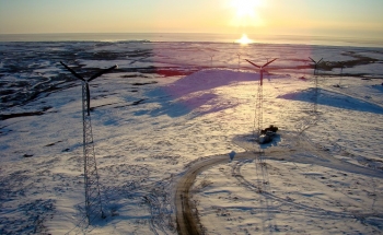 A 900-kW Native-owned wind farm generates 10% of Nome's electricity, reducing dependence on diesel fuel. Photo from Bering Straits Native Corp., NREL 16298 A 900-kW Native-owned wind farm generates 10% of Nome's electricity, reducing dependence on diesel fuel. Photo from Bering Straits Native Corp., NREL 16298