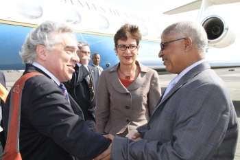 Upon arrival to Addis Ababa, Ethiopia, for the U.S.-Africa Energy Ministerial, U.S. Secretary of Energy Ernest Moniz is greeted on the tarmac by Ethiopian Minister of Water and Energy, Alemayehu Tegenu (right), and U.S. Ambassador to Ethiopia, Patricia Haslach (center). | Photo courtesy of the U.S. Embassy in Addis Ababa. Upon arrival to Addis Ababa, Ethiopia, for the U.S.-Africa Energy Ministerial, U.S. Secretary of Energy Ernest Moniz is greeted on the tarmac by Ethiopian Minister of Water and Energy, Alemayehu Tegenu (right), and U.S. Ambassador to Ethiopia, Patricia Haslach (center). | Photo courtesy of the U.S. Embassy in Addis Ababa.
