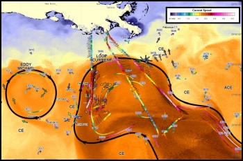 Ocean surface current velocities on image of sea surface temperatures, March 29, 2015. Figure from âReal Time Observing and Forecasting of Loop Currents in 2015,â C. Cooper et al, OTC 2016. Ocean surface current velocities on image of sea surface temperatures, March 29, 2015. Figure from âReal Time Observing and Forecasting of Loop Currents in 2015,â C. Cooper et al, OTC 2016.