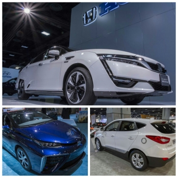 Toyota's Mirai, Hyundai's Tucson, and Honda's Clarity, the first commercially available fuel cell electric vehicles (FCEVs) in the United States. They are currently on display at the 2016 Washington Auto Show | Photos by Simon Edelman, Energy Department Toyota's Mirai, Hyundai's Tucson, and Honda's Clarity, the first commercially available fuel cell electric vehicles (FCEVs) in the United States. They are currently on display at the 2016 Washington Auto Show | Photos by Simon Edelman, Energy Department