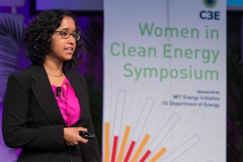 Priyanka Chatterjee, a junior studying Mechanical & Ocean Engineering, speaks about Solar "Float"ovoltaics during the undergraduate lightning presentation session. | Photo by Justin Knight. Priyanka Chatterjee, a junior studying Mechanical & Ocean Engineering, speaks about Solar "Float"ovoltaics during the undergraduate lightning presentation session. | Photo by Justin Knight.