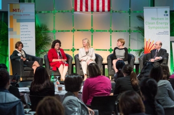 Energy Technology and Innovation panelists discussed ways to move game-changing energy technology from the lab to the marketplace. From left: Renata Mele of the Enel Foundation; Alla Weinstein of Principle Power, Inc.; Marilyn Brown from the Georgia Institute of Technology; Cheryl Martin of ARPA-E; and MIT Energy Initiative Director Robert Armstrong (moderator). | Photo by Justin Knight. Energy Technology and Innovation panelists discussed ways to move game-changing energy technology from the lab to the marketplace. From left: Renata Mele of the Enel Foundation; Alla Weinstein of Principle Power, Inc.; Marilyn Brown from the Georgia Institute of Technology; Cheryl Martin of ARPA-E; and MIT Energy Initiative Director Robert Armstrong (moderator). | Photo by Justin Knight.
