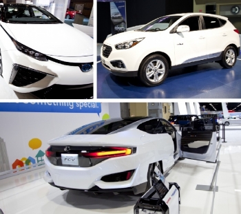 Toyota Mirai FCEV (top left), Hyundai Tucson FCEV (top right), and Hondaâs concept of its FCEV (bottom)âall showcased during the 2015 Washington Auto Show. | Photos by Sarah Gerrity, Energy Department
Toyota Mirai FCEV (top left), Hyundai Tucson FCEV (top right), and Hondaâs concept of its FCEV (bottom)âall showcased during the 2015 Washington Auto Show. | Photos by Sarah Gerrity, Energy Department