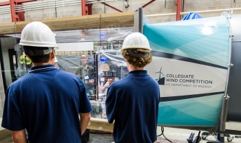 Competitors test their turbines in a wind tunnel at the Collegiate Wind Competition 2015, held at the National Renewable Energy Laboratory's National Wind Technology Center just south of Boulder, Colorado. (Photo by Dennis Schroeder / NREL) Competitors test their turbines in a wind tunnel at the Collegiate Wind Competition 2015, held at the National Renewable Energy Laboratory's National Wind Technology Center just south of Boulder, Colorado. (Photo by Dennis Schroeder / NREL)