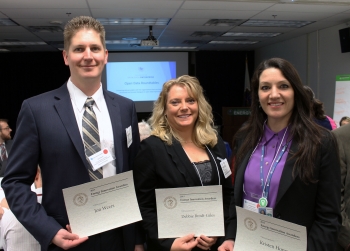Jon Weers (left), Debbie Brodt-Giles (center), and Kristen Honey were among the 16 recipients of Energy Innovation Awards at the networking breakfast before the first-ever Energy Open Data Roundtable on April 29 in Washington, D.C. | <em>Photo by Mike Mueller for the Energy Department</em> Jon Weers (left), Debbie Brodt-Giles (center), and Kristen Honey were among the 16 recipients of Energy Innovation Awards at the networking breakfast before the first-ever Energy Open Data Roundtable on April 29 in Washington, D.C. | <em>Photo by Mike Mueller for the Energy Department</em>