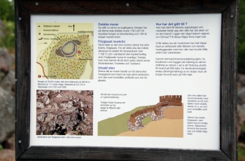 A sign at a hillfort site explains, in the Swedish language, how the hillfort was constructed and how glass material was made at the site. A sign at a hillfort site explains, in the Swedish language, how the hillfort was constructed and how glass material was made at the site.