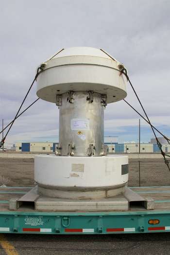 A view of the cask containing TRIGA fuel in preparation for shipment. A view of the cask containing TRIGA fuel in preparation for shipment.