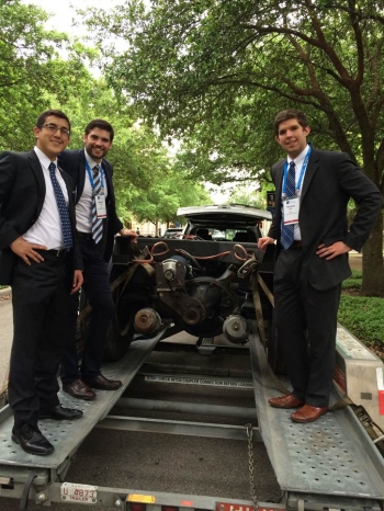 Mario Avila (left), Hayden Cardiff (center), and Thomas Healy of Hyliion have developed an add-on hybrid module for tractor trailers that is installed underneath the trailer and is estimated to have a fuel savings upwards of 30%. | <em>Photo courtesy of Hyliion</em> Mario Avila (left), Hayden Cardiff (center), and Thomas Healy of Hyliion have developed an add-on hybrid module for tractor trailers that is installed underneath the trailer and is estimated to have a fuel savings upwards of 30%. | <em>Photo courtesy of Hyliion</em>