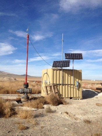 The RRG-9 ST-1 wellhead fitted with a lubricator. A distributed temperature sensor was run through the lubricator to measure well bore temperatures. The RRG-9 ST-1 wellhead fitted with a lubricator. A distributed temperature sensor was run through the lubricator to measure well bore temperatures.