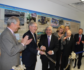 Federal, state and local Kentucky officials joined Secretary of Energy Dr. Ernest Moniz (third from left) and Senate Majority Mitch McConnell on September 10, 2015 as they cut the ribbon introducing the new Paducah Site wall display on the Fifth Floor of DOEâs Forrestal Building in Washington, D.C. Pictured (left-right) are: U.S. Rep. Ed Whitfield, Sen. McConnell, Secretary Moniz, Paducah Mayor Gayle Kaler, McCracken County Judge-Executive Bob Leeper, Clyde Elrod, and Dr. Len Peters, Secretary of the Kentucky Energy and Environment Cabinet. Mr. Elrod was Charter President of the Paducah Area Community Reuse Organization and was involved with the construction of the Paducah plant. (EM photo by David Sheeley) Federal, state and local Kentucky officials joined Secretary of Energy Dr. Ernest Moniz (third from left) and Senate Majority Mitch McConnell on September 10, 2015 as they cut the ribbon introducing the new Paducah Site wall display on the Fifth Floor of DOEâs Forrestal Building in Washington, D.C. Pictured (left-right) are: U.S. Rep. Ed Whitfield, Sen. McConnell, Secretary Moniz, Paducah Mayor Gayle Kaler, McCracken County Judge-Executive Bob Leeper, Clyde Elrod, and Dr. Len Peters, Secretary of the Kentucky Energy and Environment Cabinet. Mr. Elrod was Charter President of the Paducah Area Community Reuse Organization and was involved with the construction of the Paducah plant. (EM photo by David Sheeley)