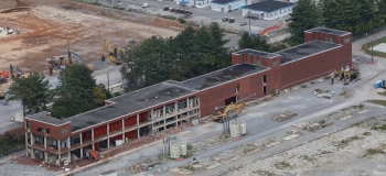 Building K-731 as demolition began. Building K-731 as demolition began.
