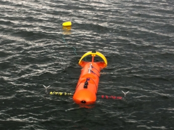 Acoustic Doppler velocimeter, deployed in Puget Sound, Washington State. Image courtesy Jim Thomson, University of Washington. Acoustic Doppler velocimeter, deployed in Puget Sound, Washington State. Image courtesy Jim Thomson, University of Washington.