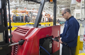 The plant BMW plant in Greer, South Carolina is home to the world's largest fleet of fuel cell forklifts. | Photo courtesy of BMW Manufacturing. The plant BMW plant in Greer, South Carolina is home to the world's largest fleet of fuel cell forklifts. | Photo courtesy of BMW Manufacturing.