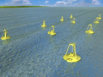 Artist rendering of Ocean Power Technologies' proposed wave park off the coast of Oregon. | Photo courtesy of Ocean Power Technologies. Artist rendering of Ocean Power Technologies' proposed wave park off the coast of Oregon. | Photo courtesy of Ocean Power Technologies.