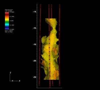 The photo above is a view "underground". This Real-time Four-Dimensional Subsurface Imaging Software created at the Pacific Northwest National Laboratory utilizes E4D-RT to image fractures in real time. This software provides faster, more accurate interpretations of data from simulation models, and improves the cost competitiveness of EGS development. The photo above is a view "underground". This Real-time Four-Dimensional Subsurface Imaging Software created at the Pacific Northwest National Laboratory utilizes E4D-RT to image fractures in real time. This software provides faster, more accurate interpretations of data from simulation models, and improves the cost competitiveness of EGS development.