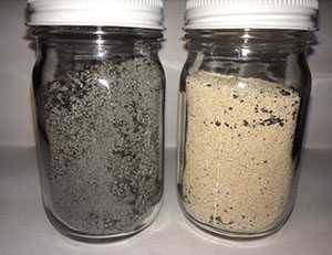 Samples of IWTU product from the November 2015 (left) and May 2016 (right) simulant runs. The May 2016 sample represents the desired results of the designed process. Samples of IWTU product from the November 2015 (left) and May 2016 (right) simulant runs. The May 2016 sample represents the desired results of the designed process.