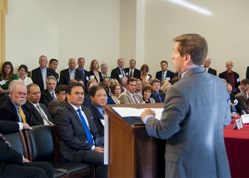 Caucus Chairman Rep. Chuck Fleischmann welcomes people attending the event. Caucus Chairman Rep. Chuck Fleischmann welcomes people attending the event.