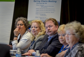 From left, Acting EM Assistant Secretary Sue Cange; EM Associate Principal Deputy Assistant Secretary for Field Operations Stacy Charboneau; Portsmouth/Paducah Project Office Manager Robert Edwards; Paducah Citizen Advisory Board Chair Renie Barger; and Hanford Advisory Board Chair Susan Leckband listen to site briefings at the EM Site-Specific Advisory Board Chairs meeting. From left, Acting EM Assistant Secretary Sue Cange; EM Associate Principal Deputy Assistant Secretary for Field Operations Stacy Charboneau; Portsmouth/Paducah Project Office Manager Robert Edwards; Paducah Citizen Advisory Board Chair Renie Barger; and Hanford Advisory Board Chair Susan Leckband listen to site briefings at the EM Site-Specific Advisory Board Chairs meeting.