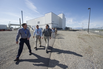 Integrated Waste Treatment Unit (IWTU) Operations Project Manager Craig Olson, left, discusses IWTU operation issues with Energy Secretary Rick Perry, right, and Fluor Idaho Program Manager Fred Hughes, center. Integrated Waste Treatment Unit (IWTU) Operations Project Manager Craig Olson, left, discusses IWTU operation issues with Energy Secretary Rick Perry, right, and Fluor Idaho Program Manager Fred Hughes, center.