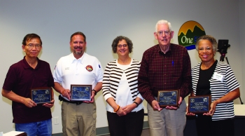 OREM Manager Sue Cange (center), with retiring ORSSAB members (from left) Donald Mei, Scott Stout, Bob Hatcher, and Alfreda Cook. OREM Manager Sue Cange (center), with retiring ORSSAB members (from left) Donald Mei, Scott Stout, Bob Hatcher, and Alfreda Cook.