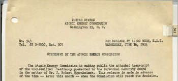 This is an excerpt from the original press release from the Atomic Energy Commission announcing the publication of the redacted Oppenheimer transcript. | Photo courtesy of the Energy Department. This is an excerpt from the original press release from the Atomic Energy Commission announcing the publication of the redacted Oppenheimer transcript. | Photo courtesy of the Energy Department.