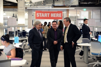 Energy Secretary Ernest Moniz, left, tours Austin Community College's ACCelerator, a high-tech learning lab that provides access to more than 600 computers for individualized learning and small group sessions. ACCâs ACCelerator helps students focus on developing the in-demand technical skills needed in growing local industries, including in the energy sector. Secretary Moniz was joined by a group of students and school administrators. | Photo by Derek Posey, ACC. Energy Secretary Ernest Moniz, left, tours Austin Community College's ACCelerator, a high-tech learning lab that provides access to more than 600 computers for individualized learning and small group sessions. ACCâs ACCelerator helps students focus on developing the in-demand technical skills needed in growing local industries, including in the energy sector. Secretary Moniz was joined by a group of students and school administrators. | Photo by Derek Posey, ACC.