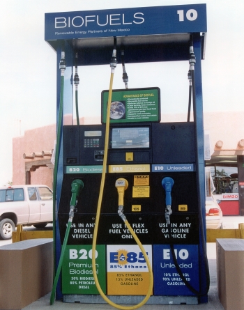 Pumps marked âE85,â usually in yellow are gasoline that is up to 85% ethanol, sold across the United States. | Photo credit: National Renewable Energy Laboratory. Pumps marked âE85,â usually in yellow are gasoline that is up to 85% ethanol, sold across the United States. | Photo credit: National Renewable Energy Laboratory.