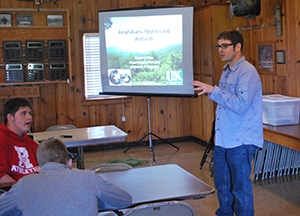 Dr. Steven Price, University of Kentucky Department of Agriculture/Forestry, presents habitat information to Marshall County High School advance placement ecological science students at the West Kentucky Wildlife Management Area lodge as part of a visit for the Annual Site Environmental Reports project. Dr. Steven Price, University of Kentucky Department of Agriculture/Forestry, presents habitat information to Marshall County High School advance placement ecological science students at the West Kentucky Wildlife Management Area lodge as part of a visit for the Annual Site Environmental Reports project.