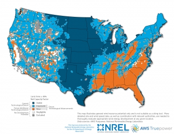 New map shows how taller wind turbines could help unlock wind's potential in all 50 states, especially in the southeastern U.S. | Map courtesy of National Renewable Energy Laboratory. New map shows how taller wind turbines could help unlock wind's potential in all 50 states, especially in the southeastern U.S. | Map courtesy of National Renewable Energy Laboratory.