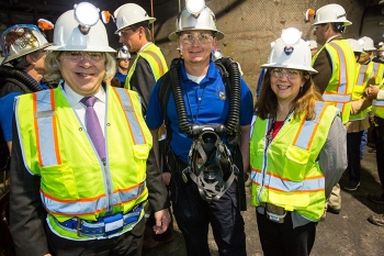 National Champion Mine Rescue Team Captain Heath Fowler, center, shared information about WIPP's mine rescue team members, who secured the 2016 national championship, with Energy Secretary Ernest Moniz and EM Assistant Secretary Monica Regalbuto during an underground tour Jan. 9. National Champion Mine Rescue Team Captain Heath Fowler, center, shared information about WIPP's mine rescue team members, who secured the 2016 national championship, with Energy Secretary Ernest Moniz and EM Assistant Secretary Monica Regalbuto during an underground tour Jan. 9.